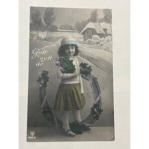 Vintage Swedish Postcard With Child & Wreath Early 20th Century